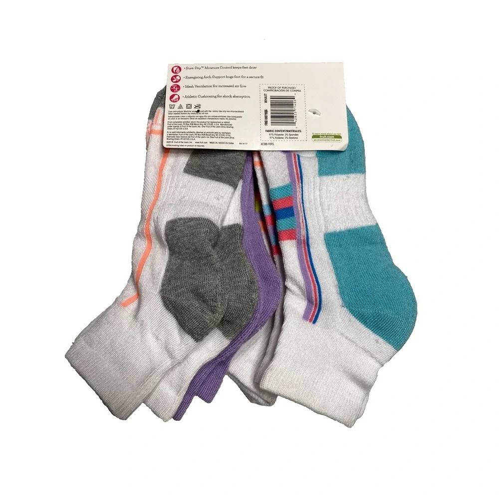fruit of the loom girls active ankle socks‎ 6 pairs size large shoe 4-10